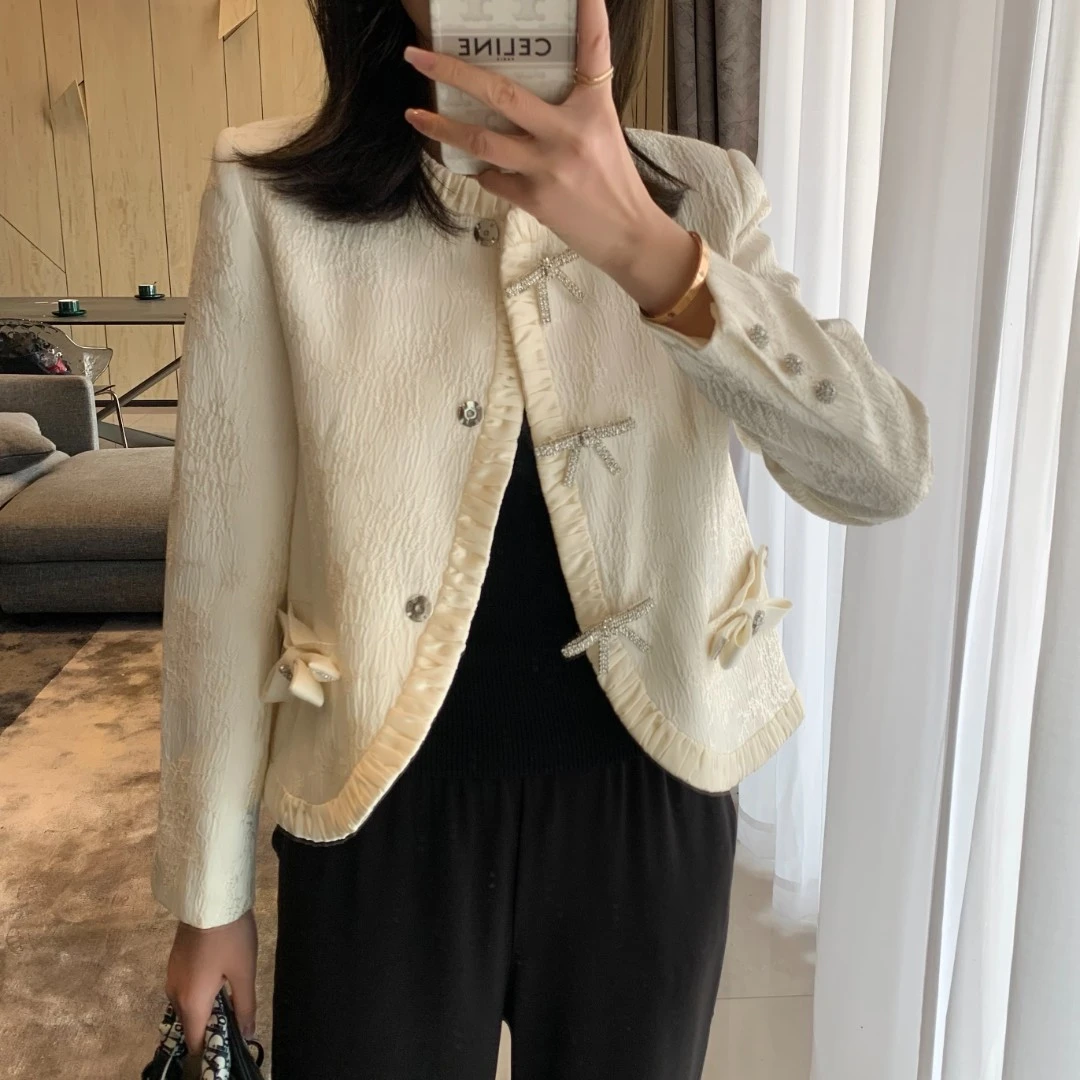 【大静静】重工亮钻蝴蝶结小香风外套中国风印花短款开衫秋季外套24