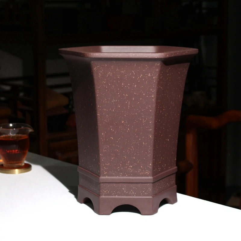 收腰六方形精品紫砂兰花盆专用盆栽盆景名家朱永南手工老紫泥铺砂