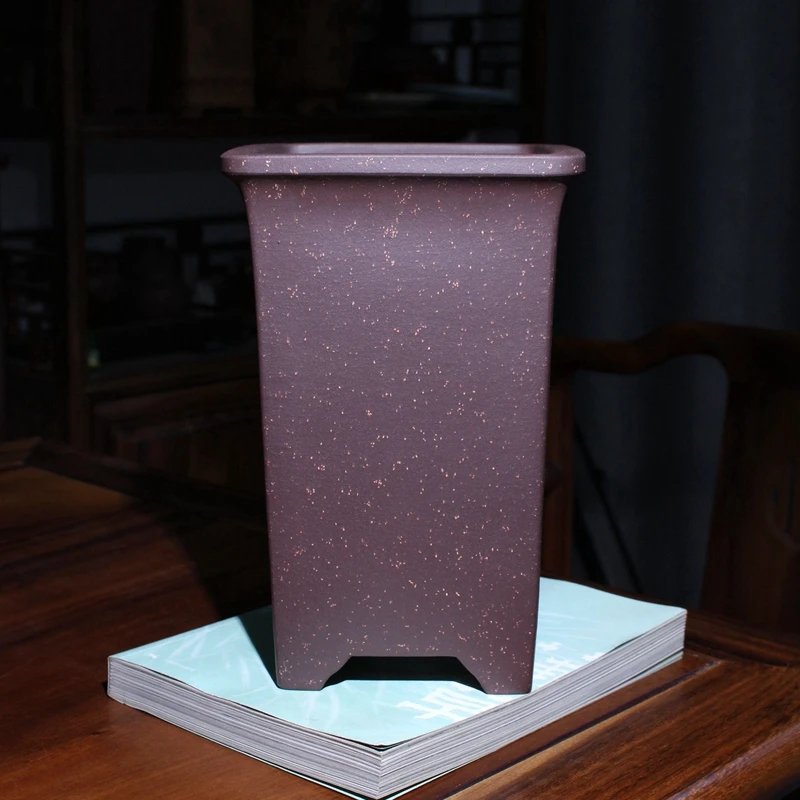 名家收藏精品紫砂兰花盆朱永南手工铺砂宽口四方形高签筒盆景盆栽