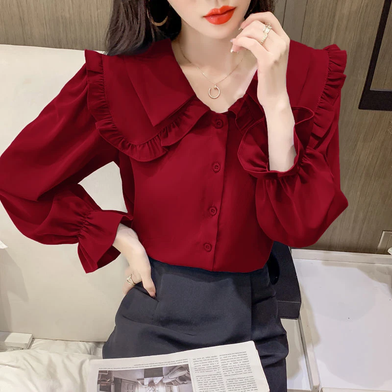 新款红色双层娃娃领长袖衬衫小众洋气设计感上衣时尚气质春秋纯色