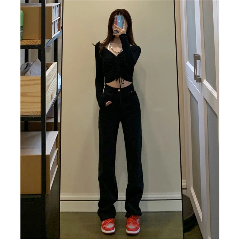 黑色高腰牛仔裤女直筒宽松秋季2025新款窄版显瘦阔腿拖地裤子
