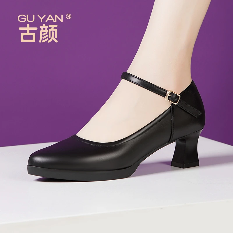 软牛皮圆头中跟工作鞋女真皮粗跟模特演出训练专用旗袍走秀高跟鞋