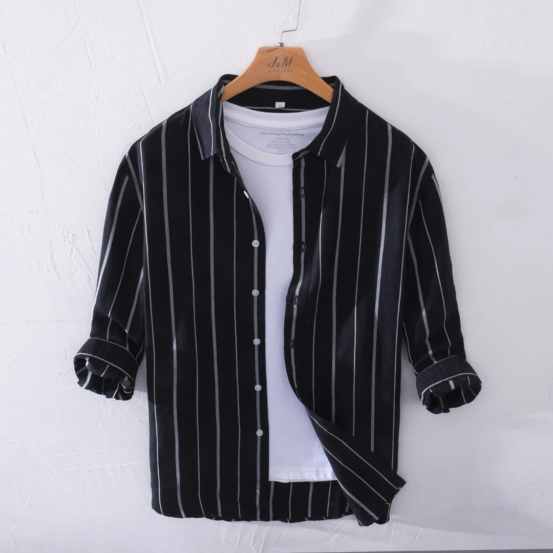 140复古条纹薄款七分袖衬衫男夏季休闲大码百搭宽松亚麻衬衣