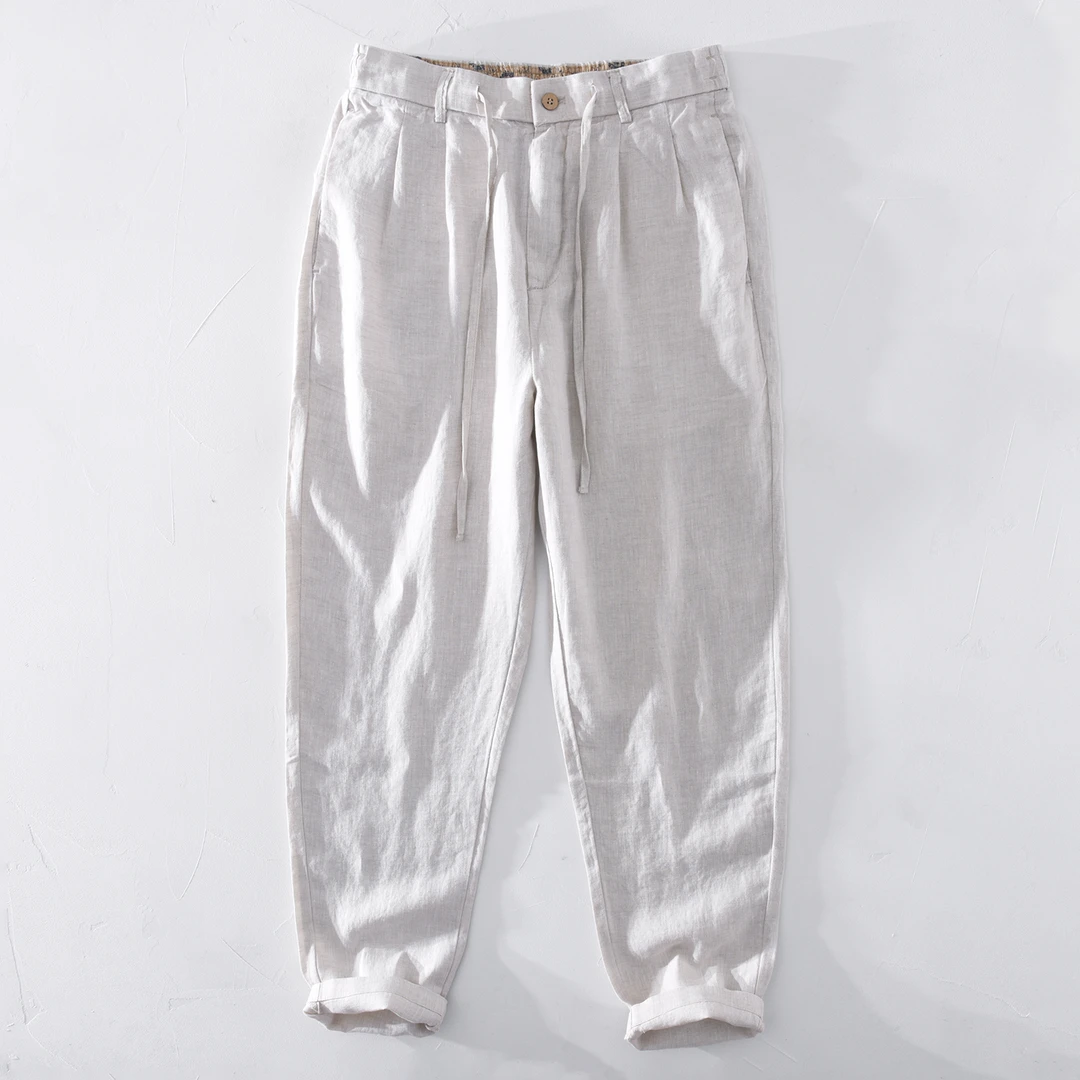 L8228松紧腰直筒小脚亚麻休闲裤男士宽松薄款文艺百搭长裤
