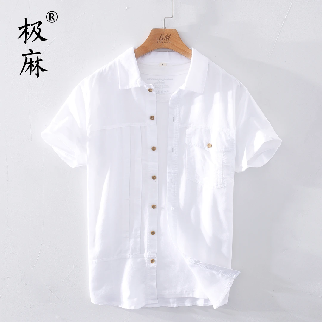 1004极麻清新休闲短袖衬衫男士大码青年宽松文艺百搭亚麻纯色衬衣