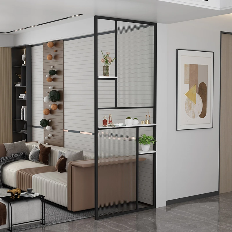 入户玄关金属隔断客厅玄关装饰现代轻奢长虹玻璃铁艺屏风置物架