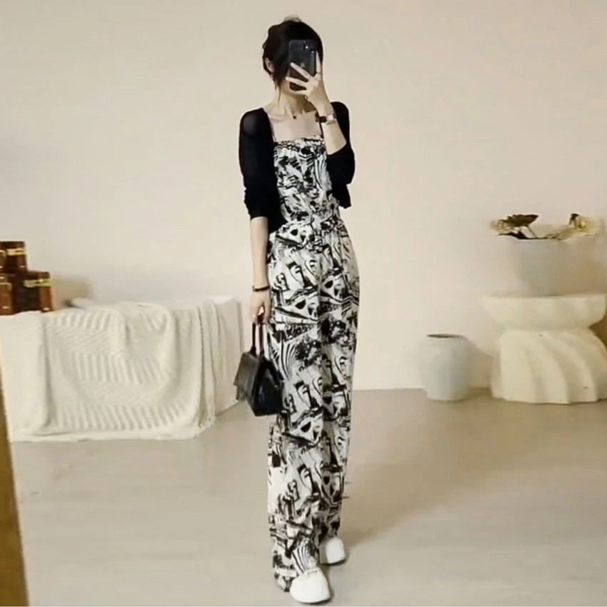 夏季阔腿吊带设计感休闲宽松长裤气质高腰显瘦时尚套装连体裤背带