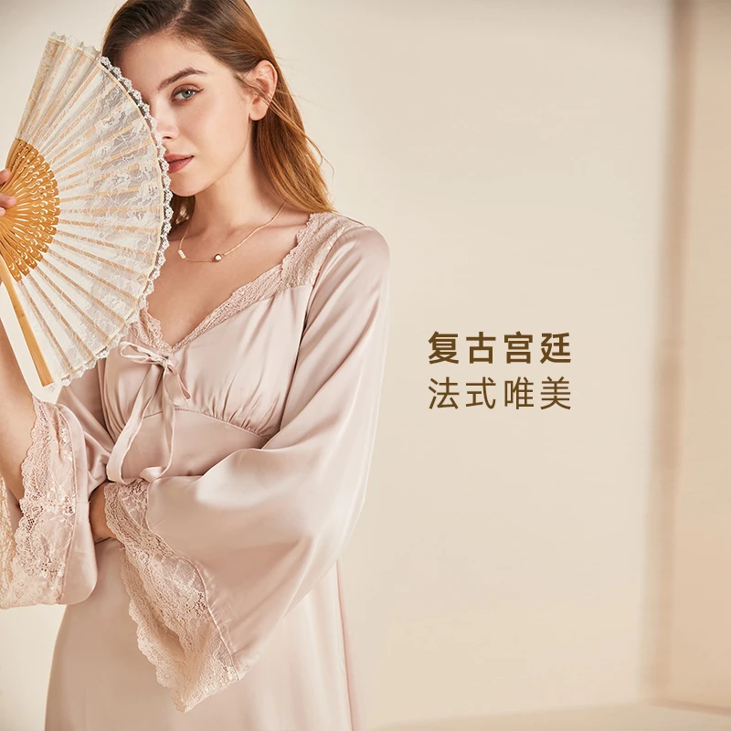 唯美宫廷风丝绸睡裙蕾丝绸缎睡袍女春夏薄款性感睡衣家居裙连衣裙