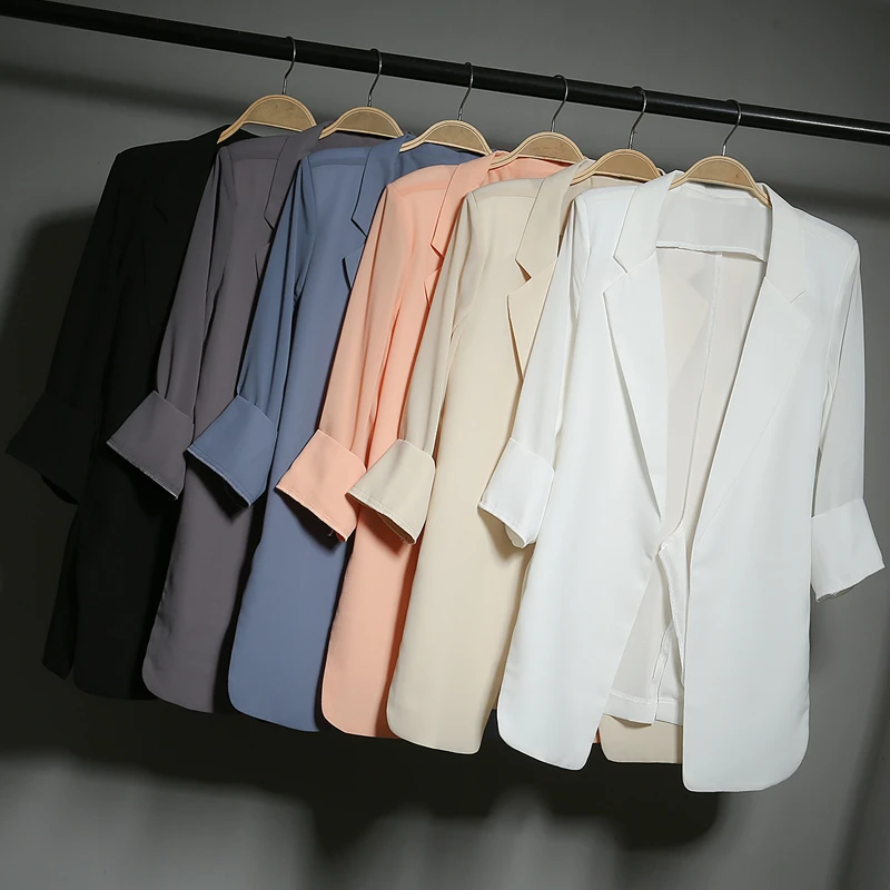 雪纺小西装女士宽松薄款休闲外套中长款通勤薄西服春夏防晒衣445