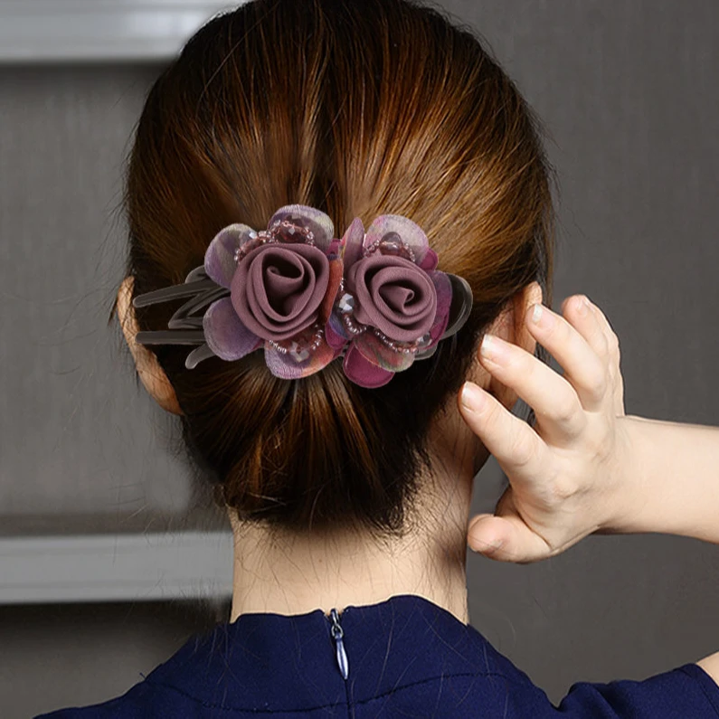 亚克力发饰 新款玫瑰花朵绢纱高档盘发马尾鸭嘴专用头饰发饰