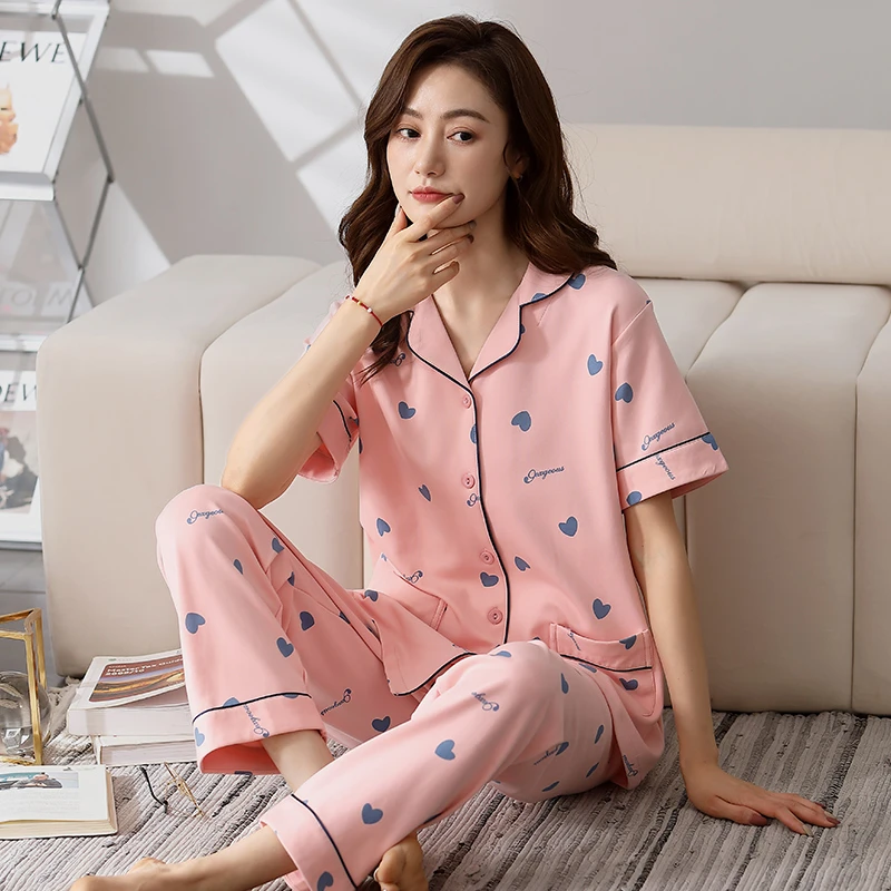 【纯棉】高品质夏季女士纯棉开衫短袖长裤睡衣套装家居服紧赛棉