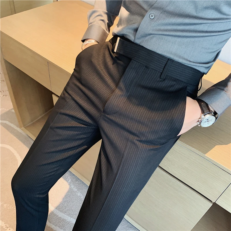 春秋款商务正装条纹垂感西裤男士弹力九分裤韩版修身休闲小脚西裤