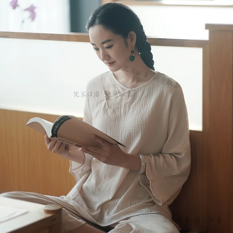 柔和棉布家居服套装起居服女夏秋装套头圆领简约纯色休闲裤两件套