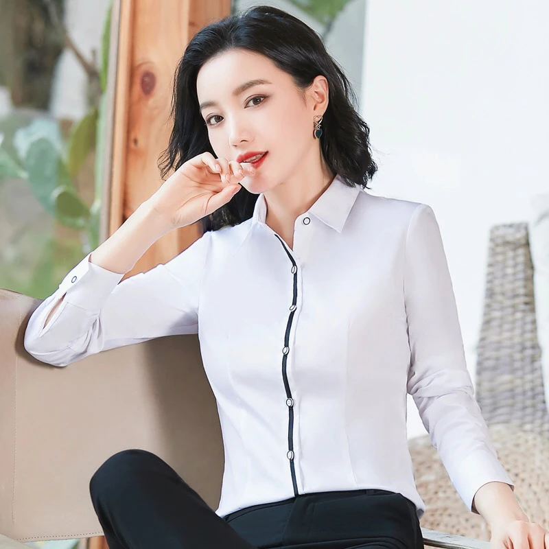 （优品推荐）衬衫女长袖百搭显瘦职业正装工作服美容院工装白色