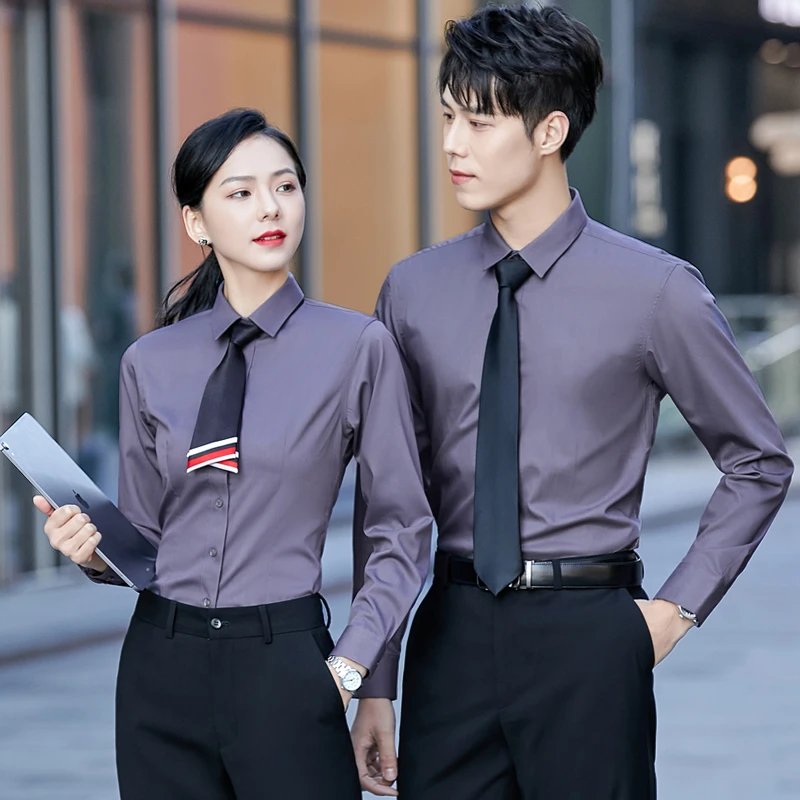 职业工装衬衫男女长袖商务正装免烫烟灰色衬衣工作服销售4S店-518