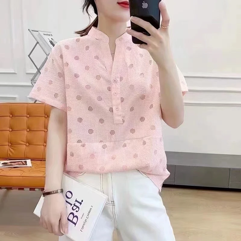 纯棉半开领圆点短袖衬衫百搭上衣女C24101