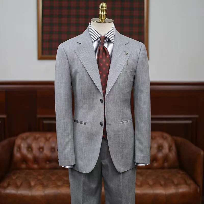 【套装】商务休闲高定意式轻奢平驳领   中灰色西服纯色西装套装
