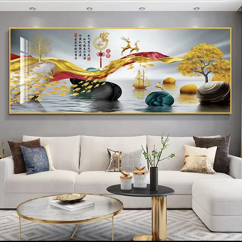 客厅画 新中式 山水画 沙发背景画 晶瓷画 装饰画拉丝铝合金边框