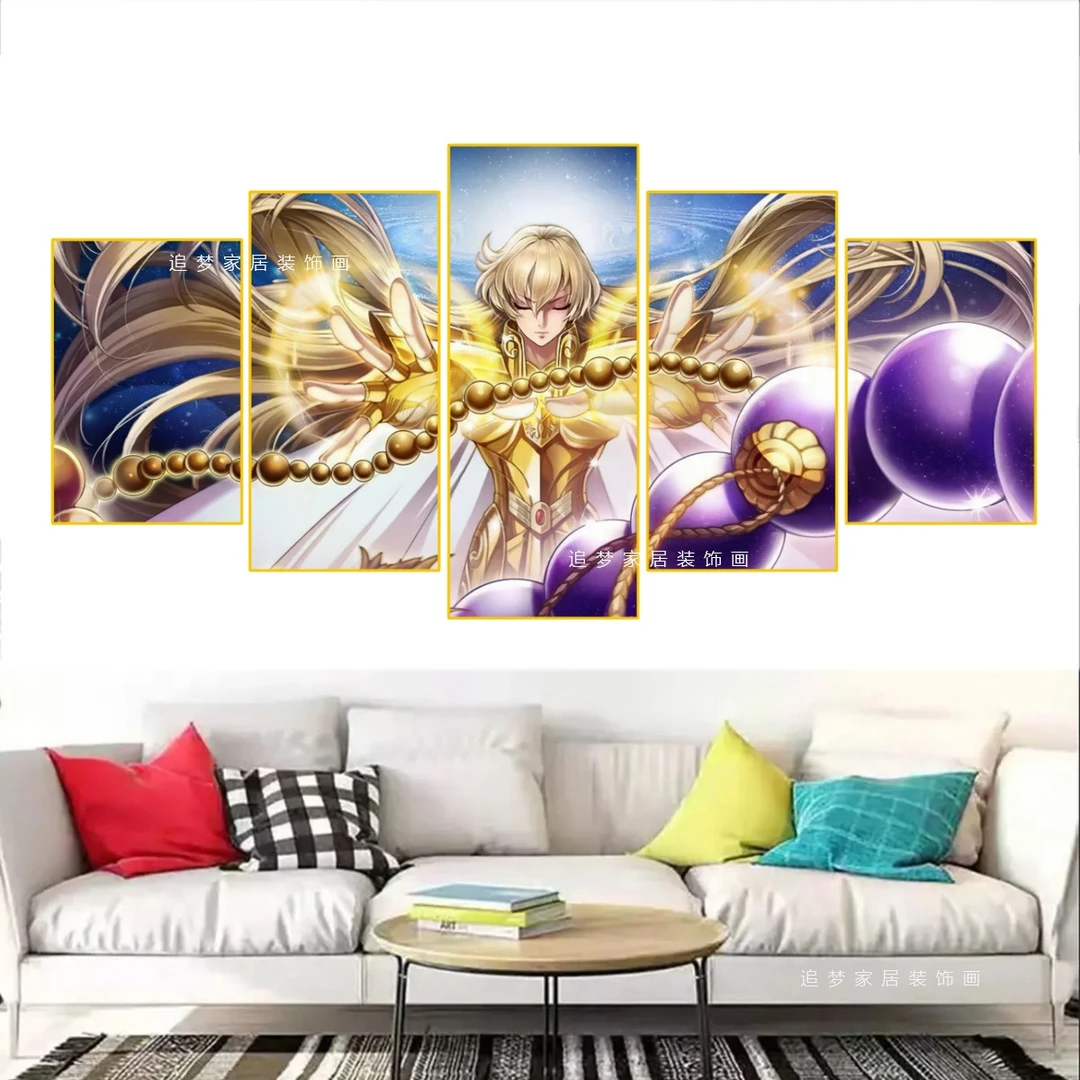 黄金圣斗士 沙加五联画 客厅画 晶瓷画 环保背板 拉丝铝合金边框