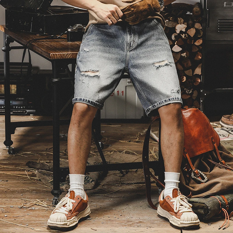 宽松直筒复古破洞牛仔短裤男夏季潮牌美式休闲裤子男大码五分裤男