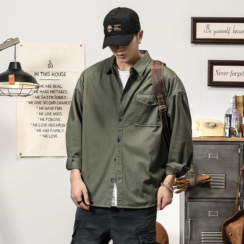 美式休闲衬衫男秋冬ins复古寸衫秋季宽松痞帅日系工装外套长袖潮