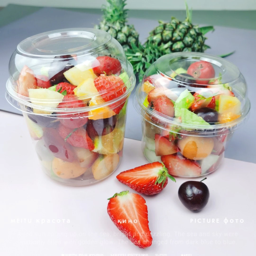 高档水果捞杯 外卖圆形杯子拱盖网红一次性塑料透明鲜果切包装桶