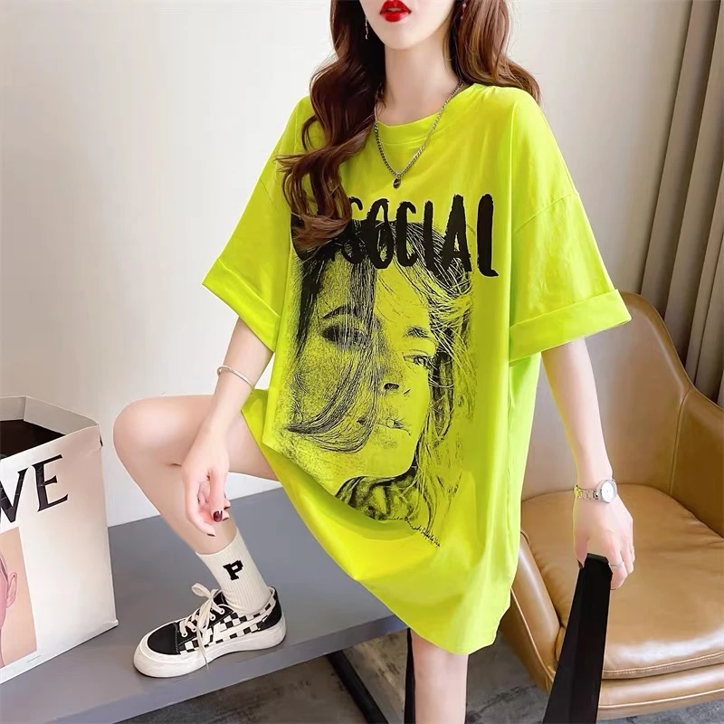 纯棉短袖T恤女ins潮人物印花2025新款夏设计感中长款大版t恤女