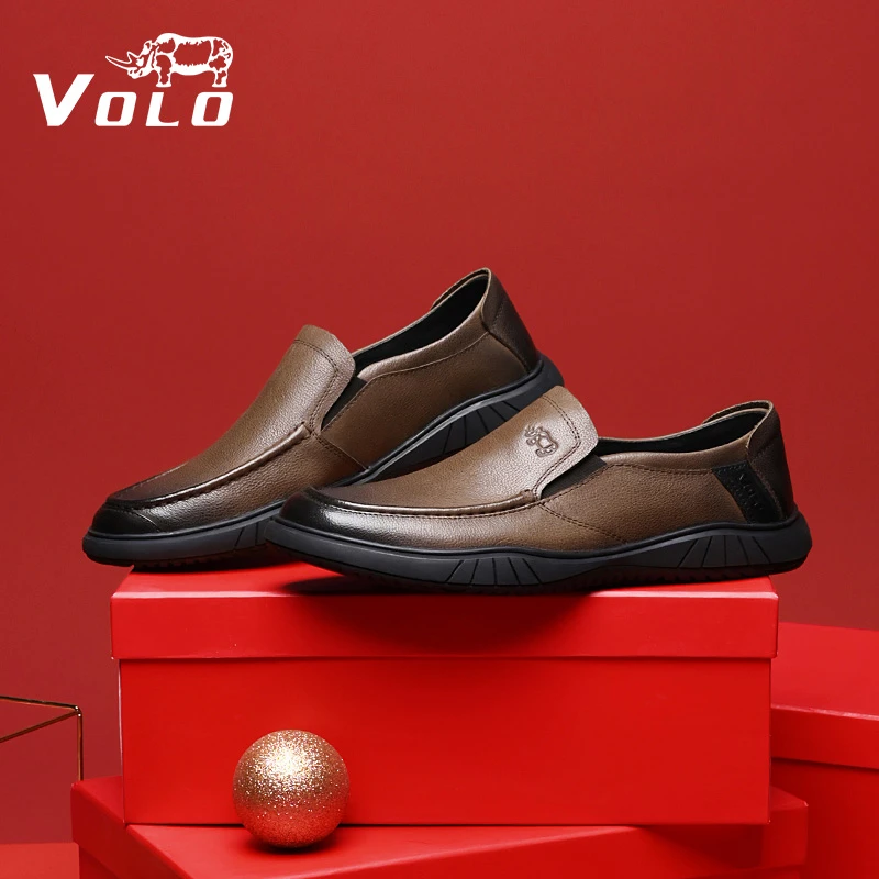VOLO/犀牛商务休闲皮鞋男士真皮一脚蹬纯色春秋日常平跟男鞋圆头