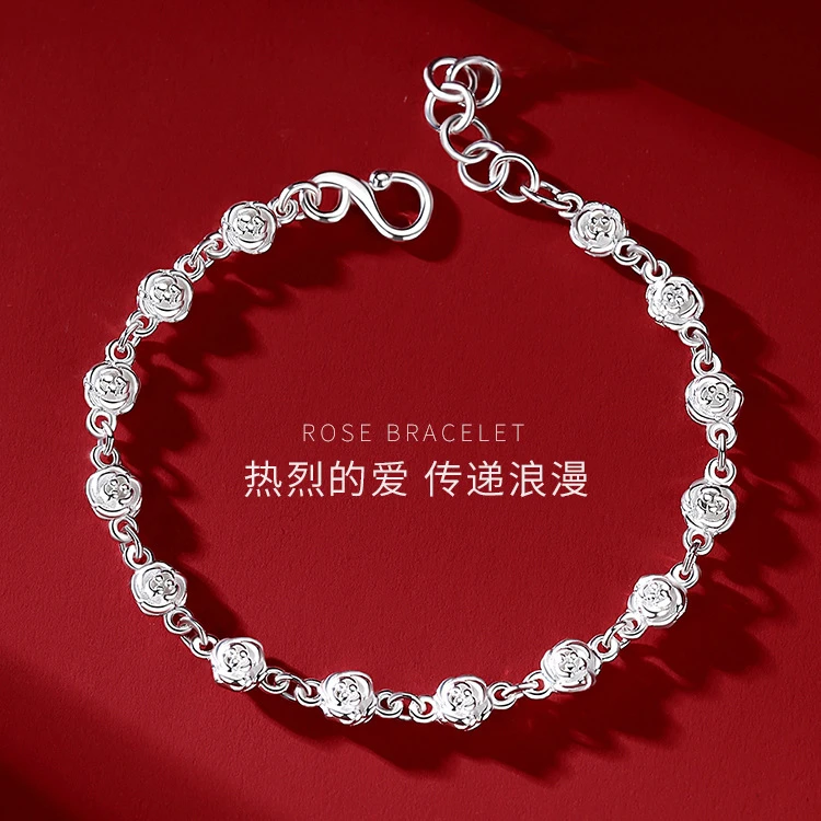 足银手链 999纯银手链女生ins小众设计玫瑰花手链七夕情人节礼物