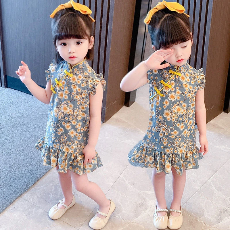 兮绯推荐 5921 女童连衣裙旗袍裙宝宝中小儿童旗袍雪纺碎花连衣裙