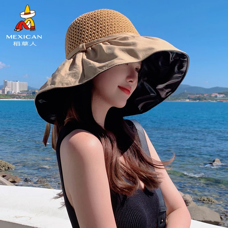 稻草人帽子女夏季大帽檐防晒遮阳帽百搭透气户外渔夫帽防紫外线