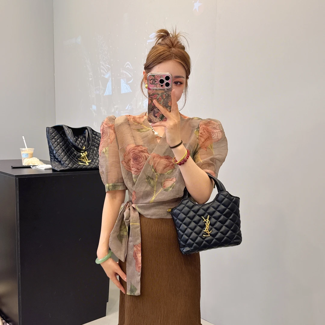 东大门韩版气质时尚水墨印花系带洋气休闲百搭衬衫