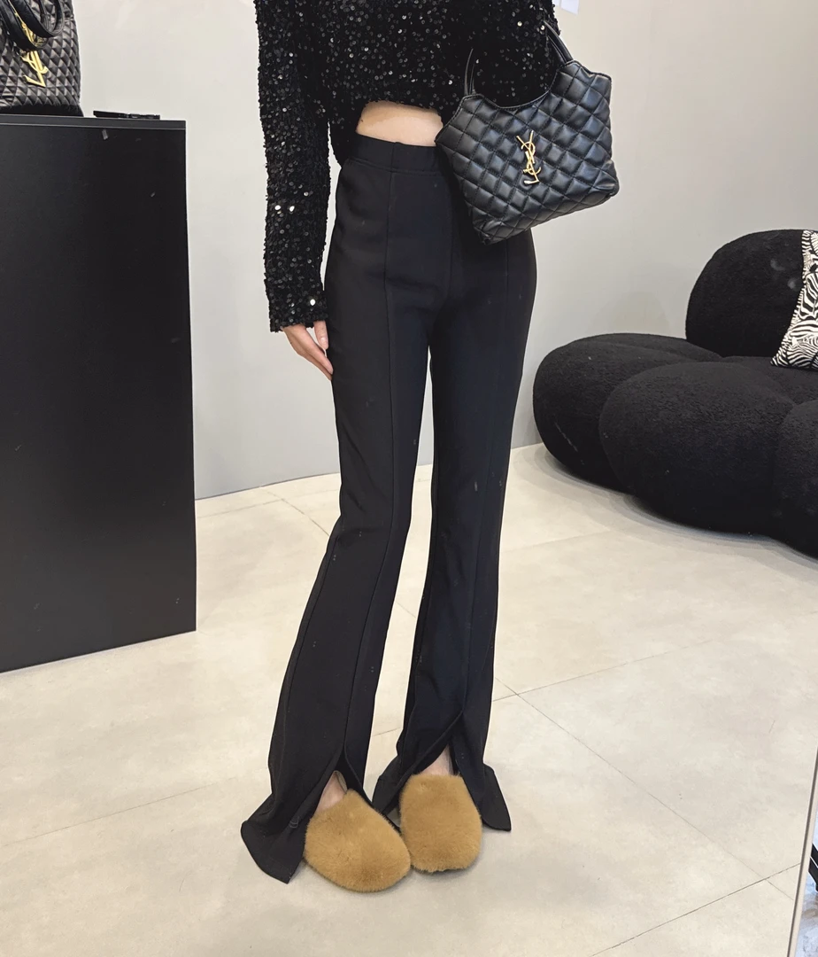 韩版东大门加绒竖条高腰显瘦百搭时尚休闲喇叭裤