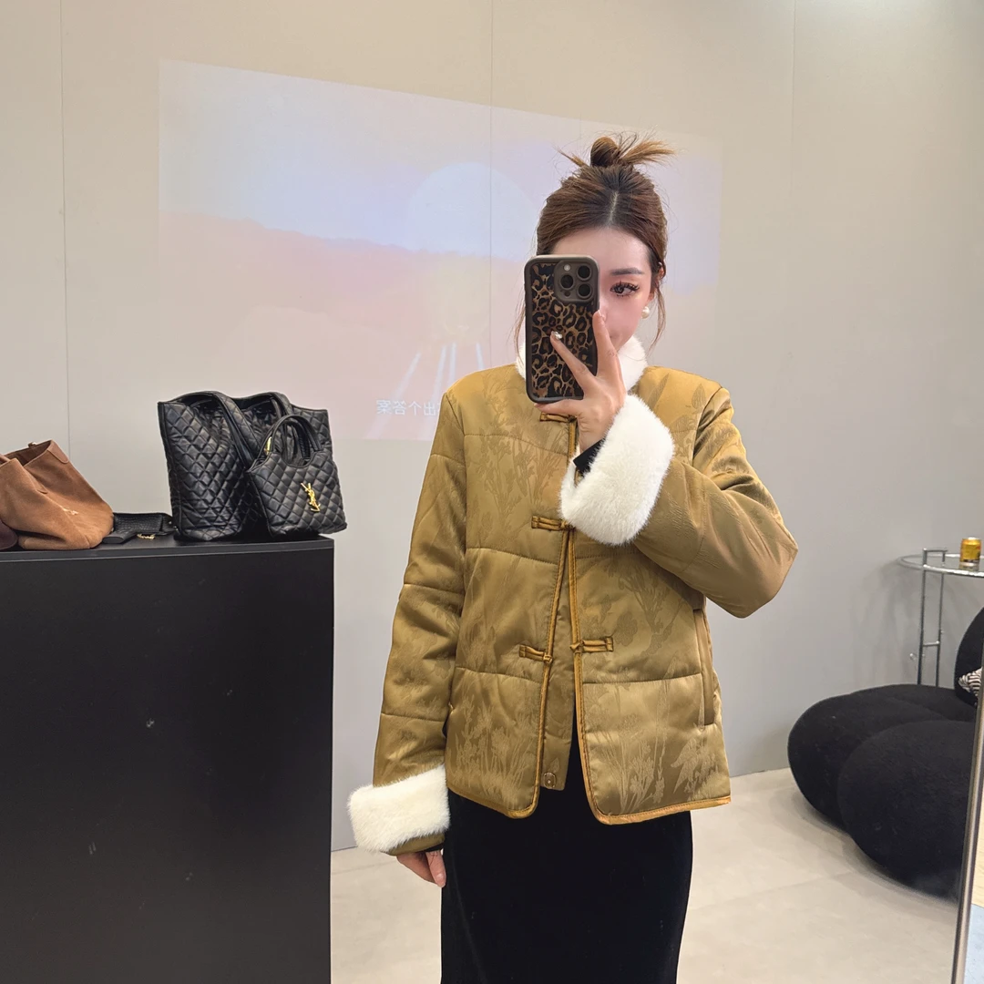 韩版东大门提花时尚短款包边袖拼接毛毛设计感提花棉衣