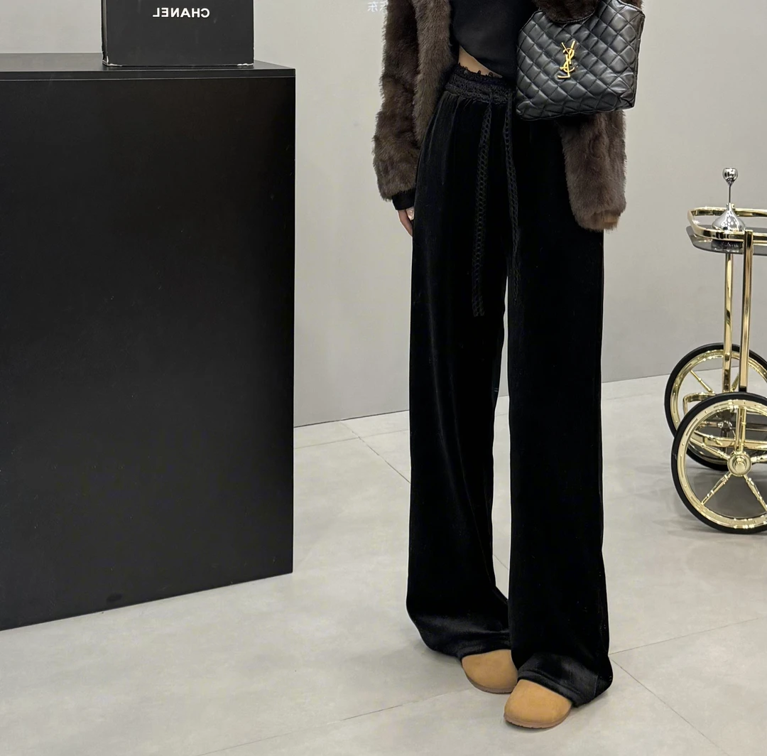 韩版东大门高腰加绒时尚百搭花边直筒裤