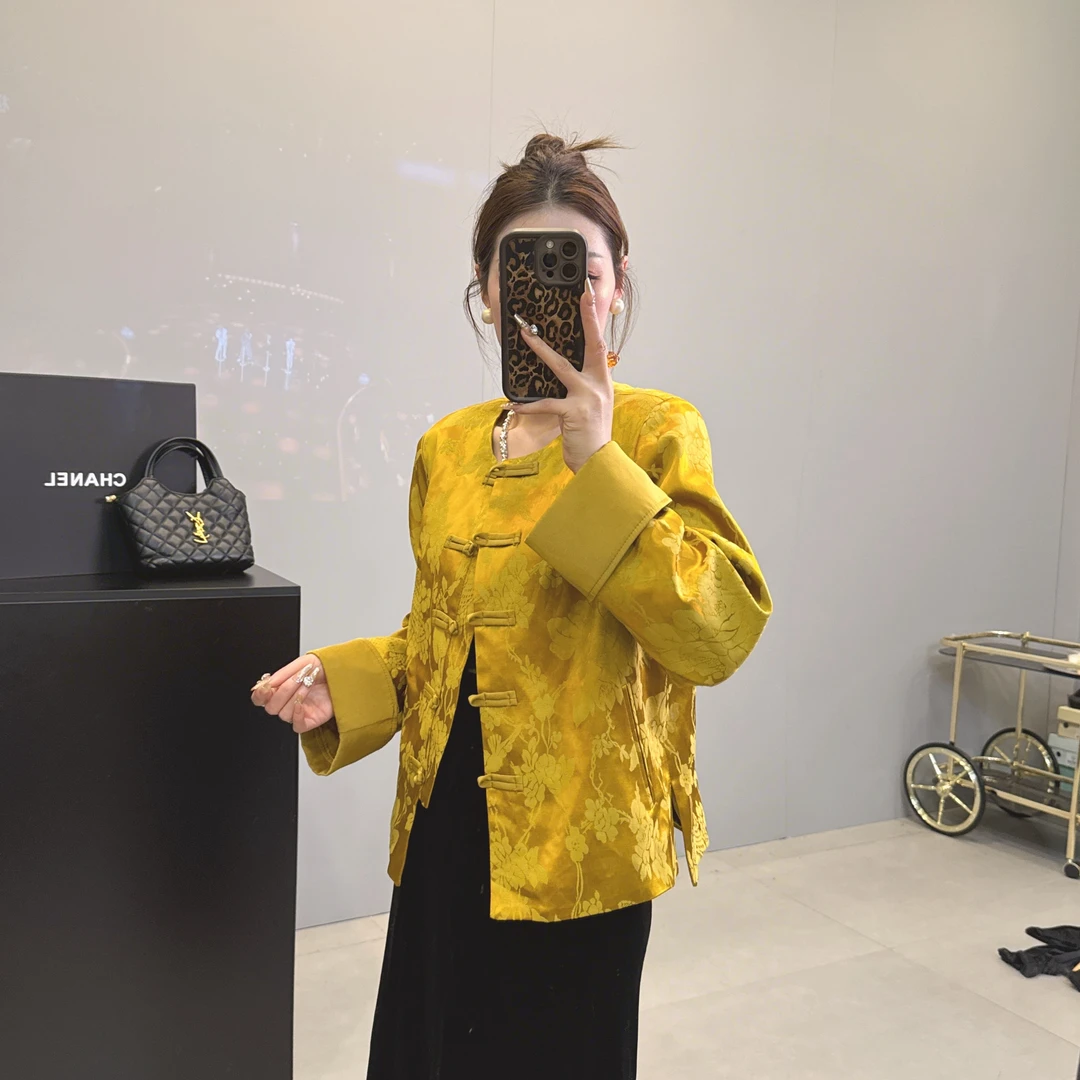 新中式国潮风高端提花改良款无领国风盘口外套