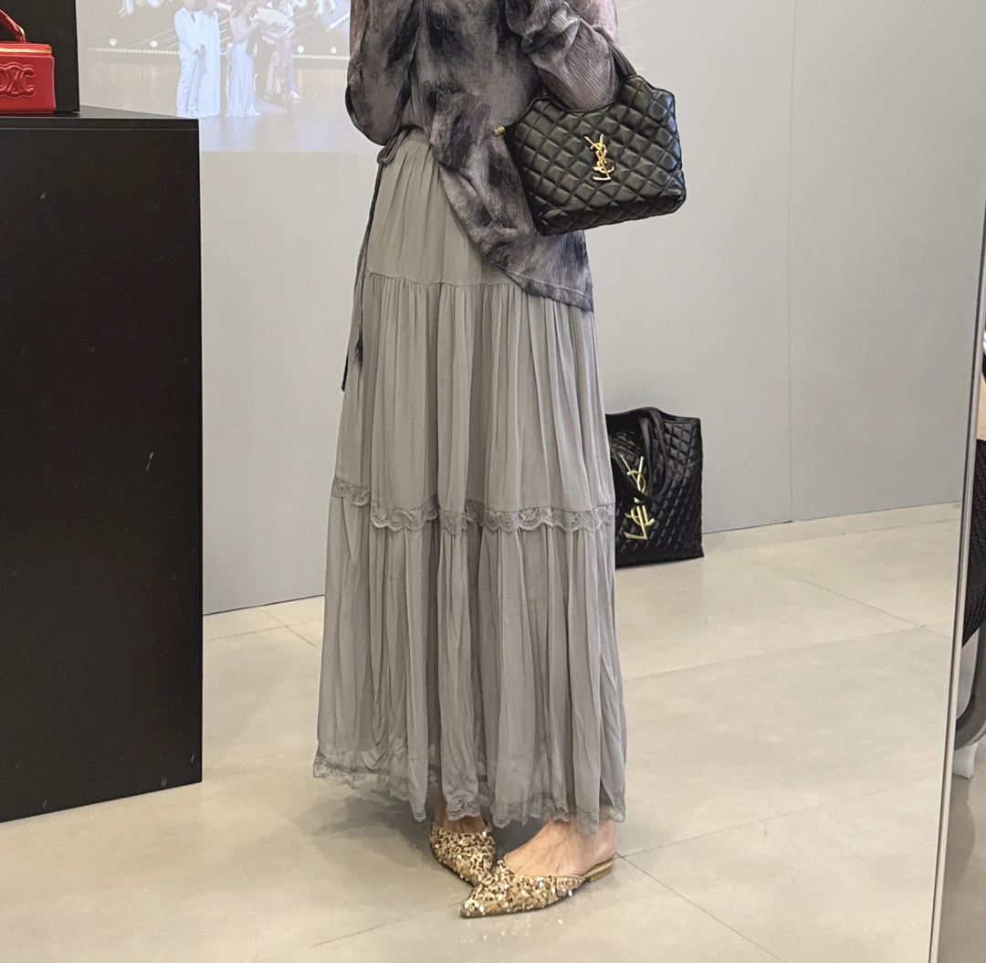 法式新款高腰松紧腰花边蕾丝气质显瘦褶皱大摆裙