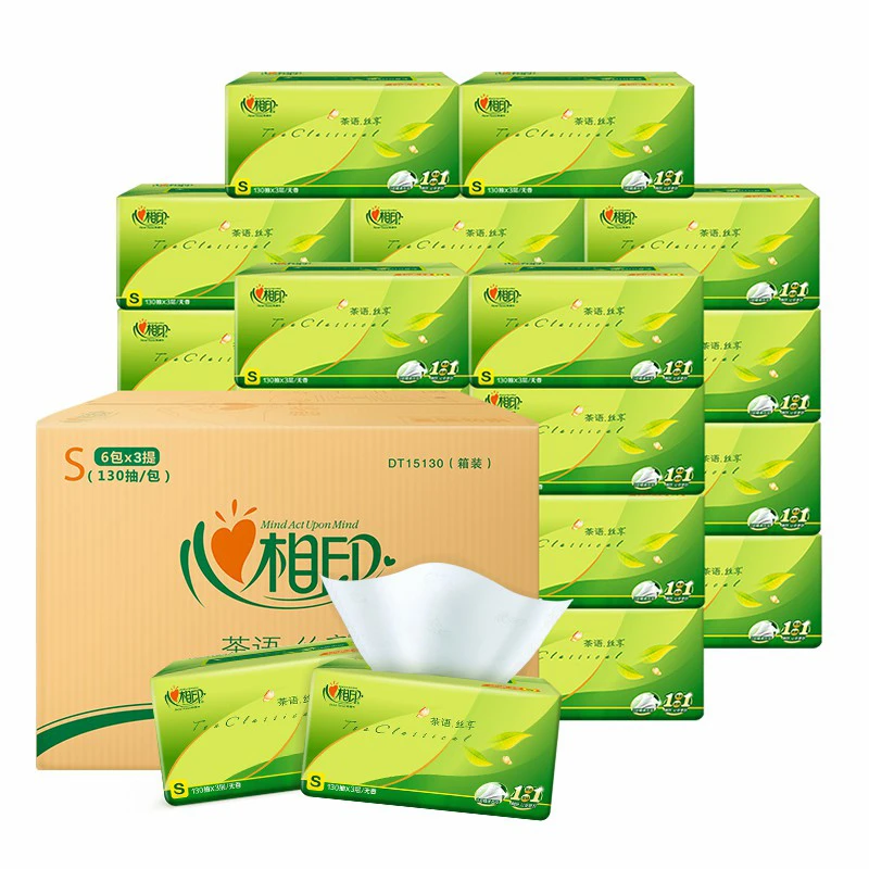 心相印抽纸茶语丝享3层130抽X36包家用纸巾餐巾面巾实惠箱装纸抽