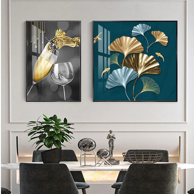 高品质【酒杯银杏】餐厅装饰画双联晶瓷晶钻画铝合金边框轻奢挂画
