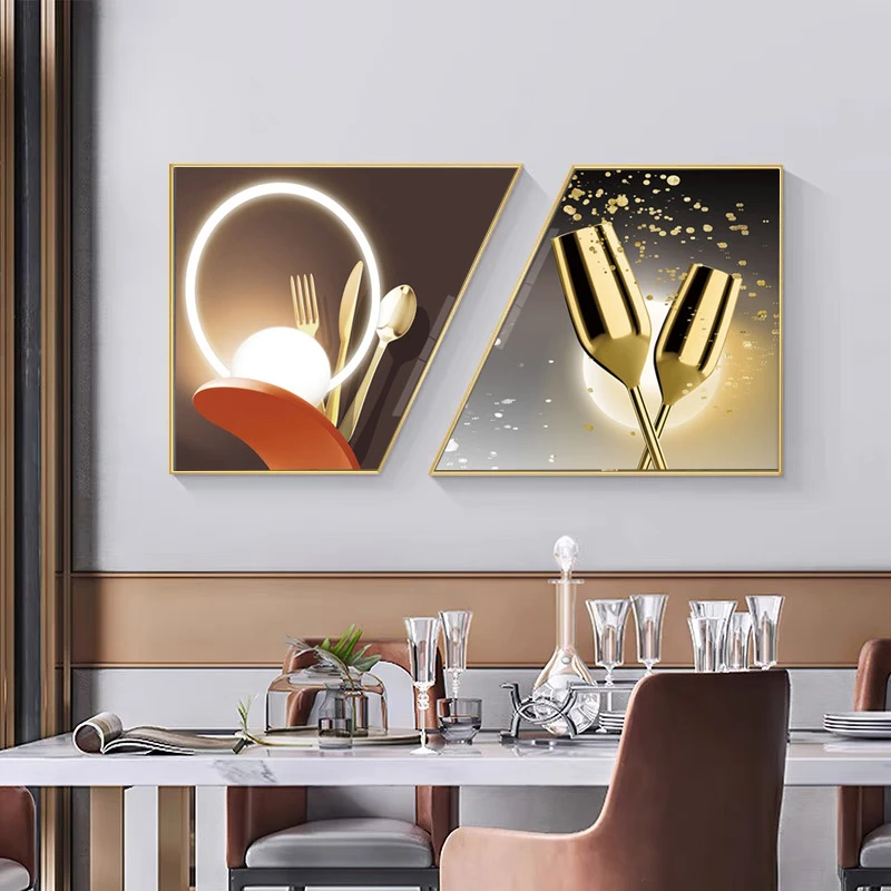 创意梯形【酒杯光影】餐厅装饰画双联晶瓷晶钻铝合金边框轻奢挂画