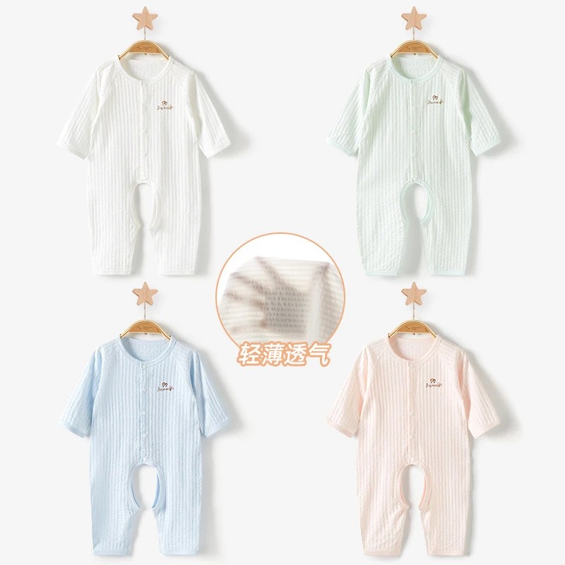 婴儿连体衣夏季薄款纯棉长袖睡衣无骨新生宝宝开裆空调服哈衣夏装