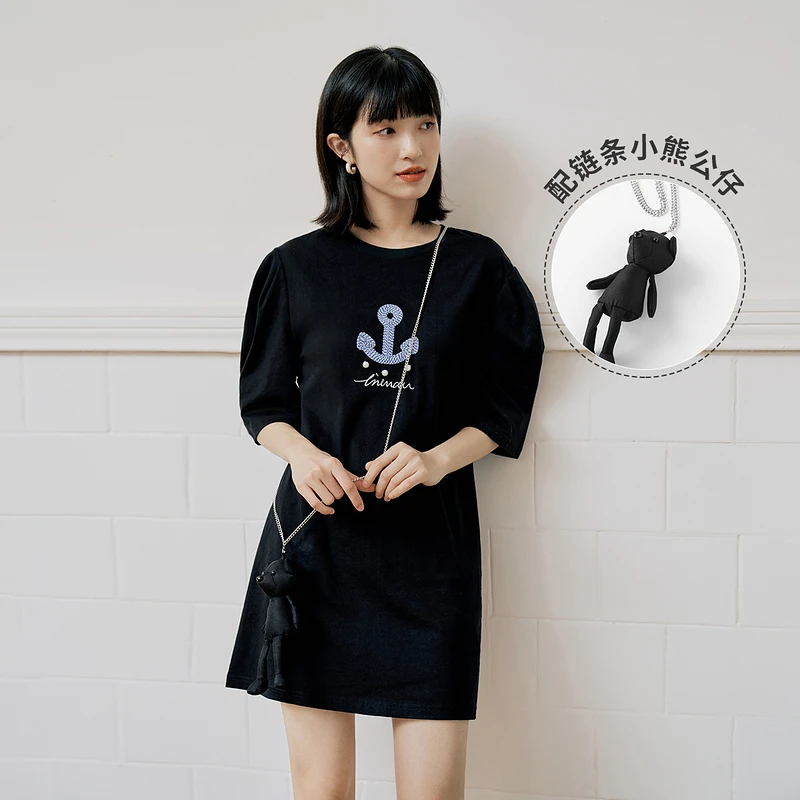 【专柜款】茵曼配小熊公仔纯棉T恤夏显瘦BF风纯棉18225601