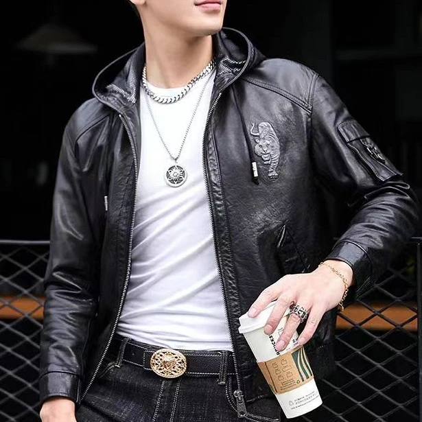 海宁牧莎男士真油蜡牛皮短款加绒夹克外套休闲款真皮皮衣春秋机车