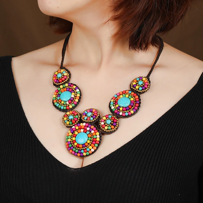 非金属布艺项链 民族风圆牌彩色个性气质复古欧美夸张锁骨链配饰