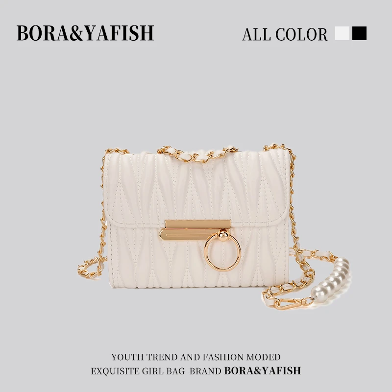 褶皱精致小包包女夏2025新款高级质感珍珠链条包迷你斜挎包小方包
