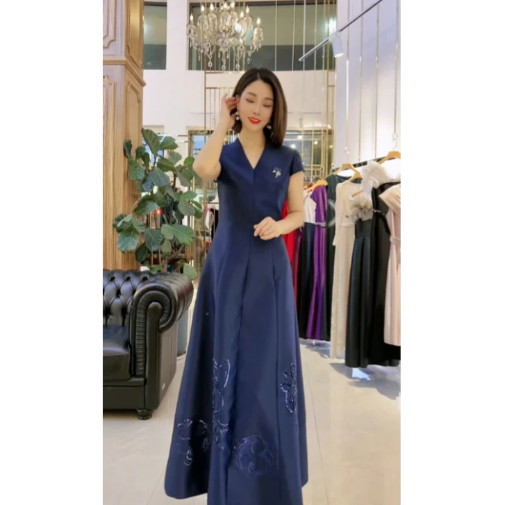 9187-53喜妈妈优雅轻奢大气大裙摆婚宴礼服旗袍连衣裙气质时尚