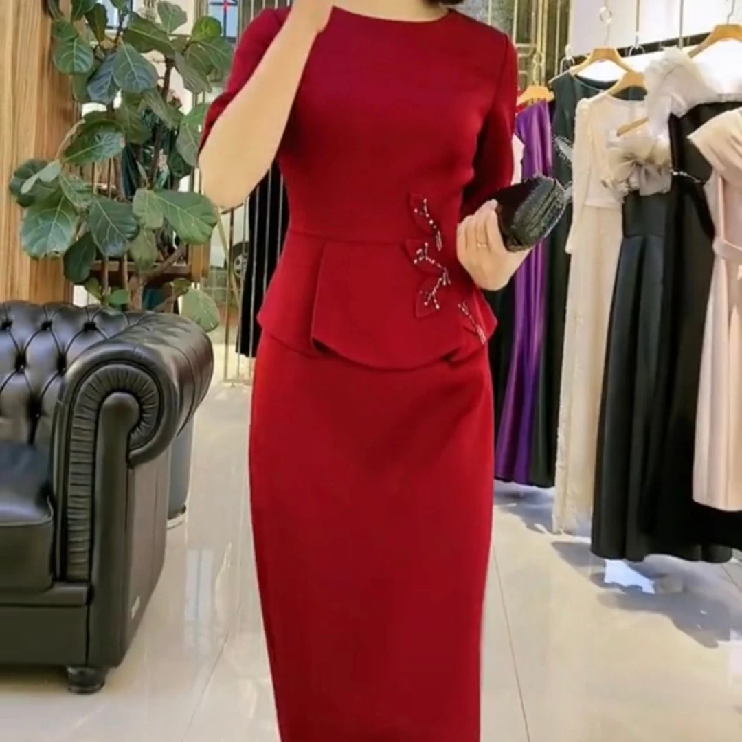 9991-11喜妈妈喜婆婆酒红色礼服显瘦气质洋气时尚收腰轻奢百搭a型