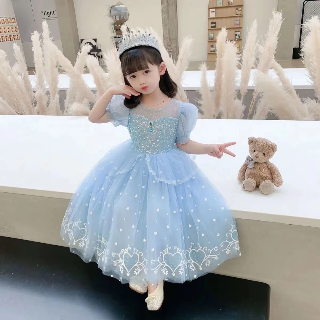 女童艾莎亮片印花爱心蓬蓬公主连衣裙