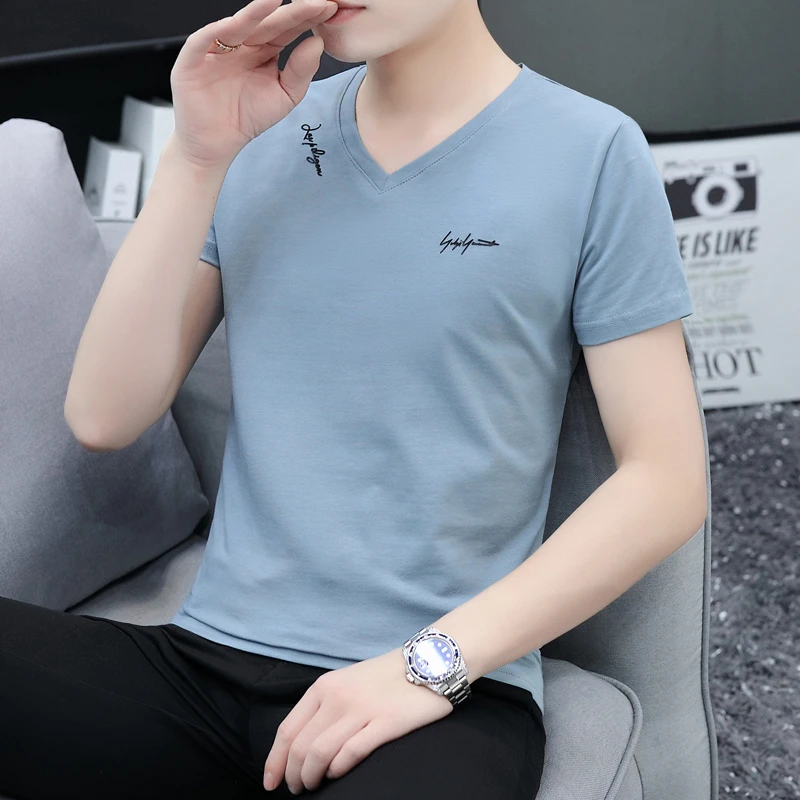 夏装爆款短袖男V领t恤时尚潮流凉感透气青年男士半袖休闲上衣