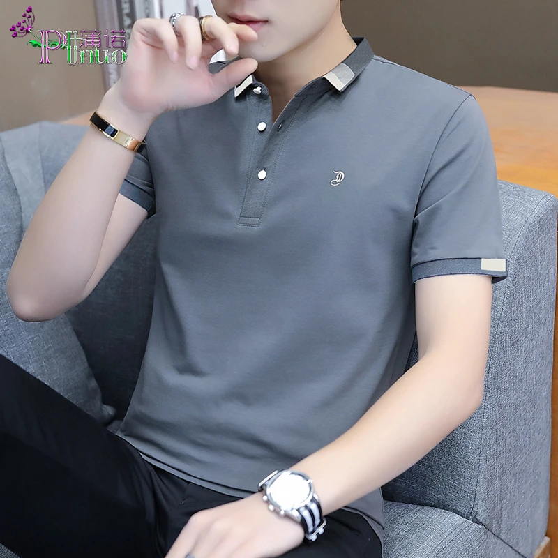 高品质夏季有领短袖t恤男装绣花翻领POLO衫深灰色帅气体恤上衣服